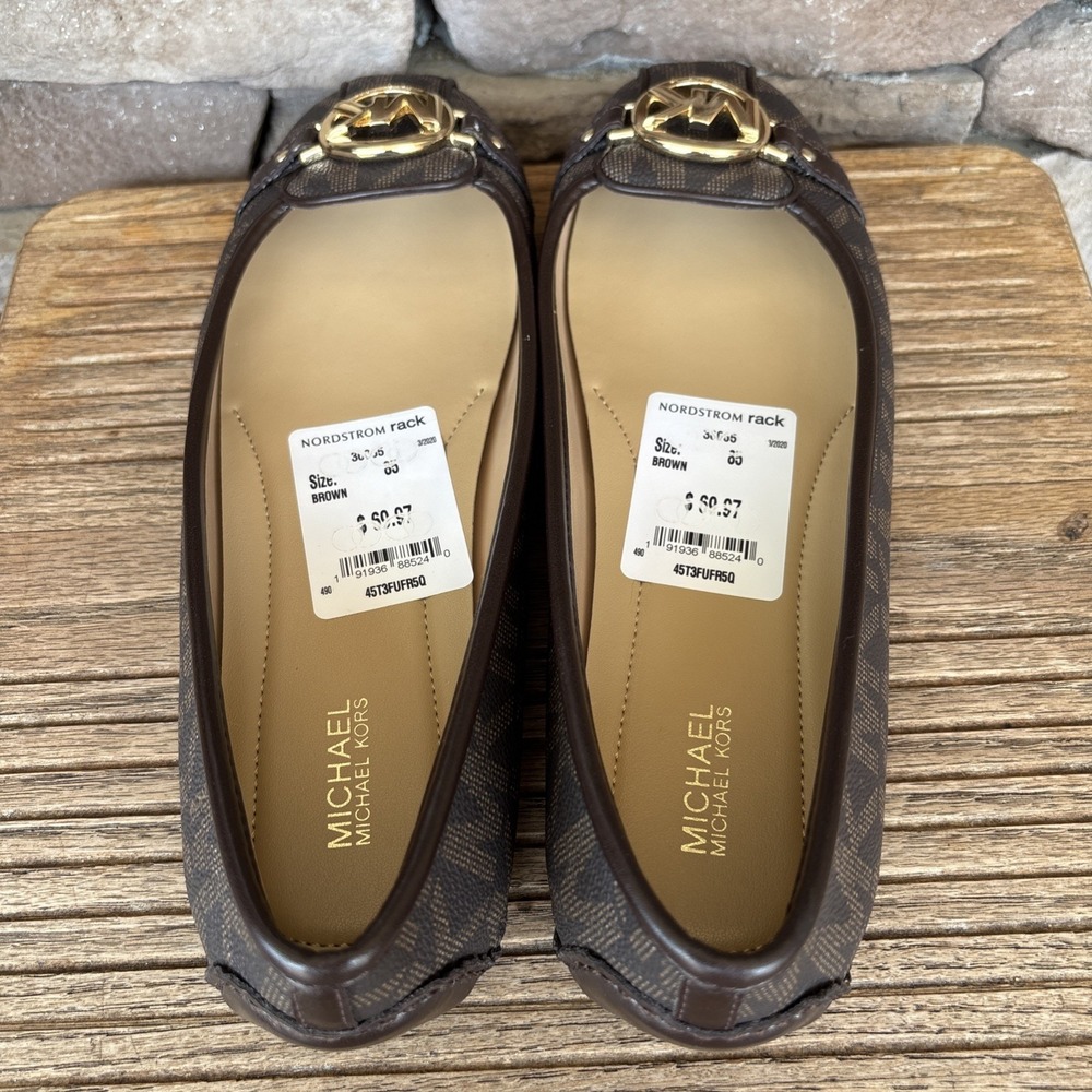 Michael Kors Fulton MK Logo Moccasins Brown Size 8.5 Gold Hardware Flats - Picture 8 of 12